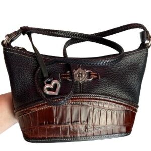 Brighton black pebbled leather and brown crocodile leather shoulder bag